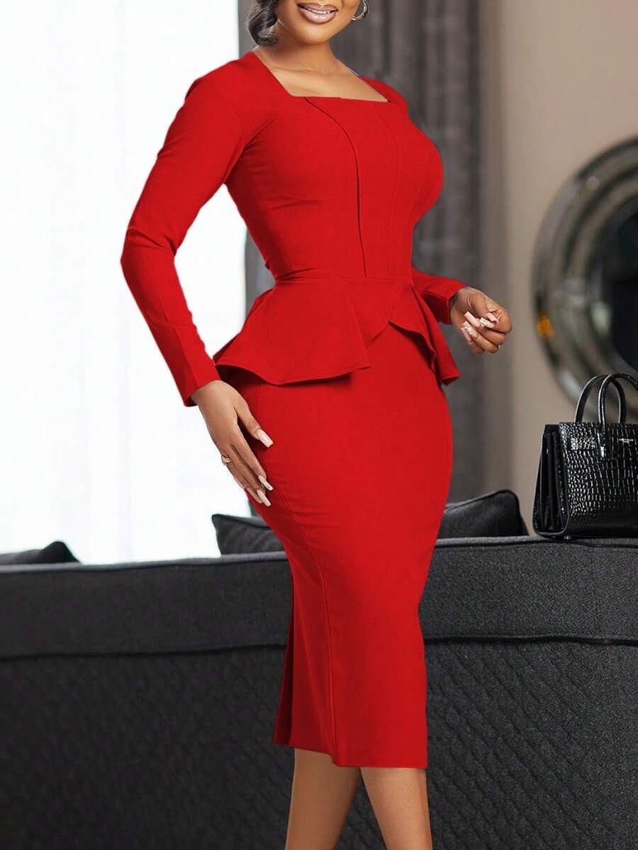 New Women's Plus Size Dress Autumn Winter Long Sleeve Ruffles Elegant OL Style - 紅色 - 查看 1