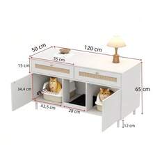 Cat Litter Box Cabinet With Litter Mat, Pet Cabinet With Rattan Drawer, Pet Sideboard/TV Cabinet, Without Litter Box, 120x50x65 Cm - White - View 2