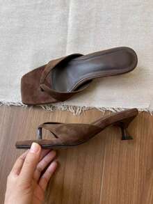 French Retro Open Toe Mule Sandals, Summer Slip-On Sandals, Thick Heel High Heels - Brown - View 2
