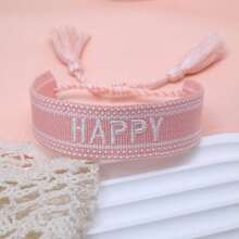 1pc Handmade Embroidered "HAPPY" Letter Woven Bracelet, Suitable For Friends, Family, Festivals, Parties, Travel, Boho Casual Vintage Beach Vacation Friendship Bracelet - Baby Pink - View 2