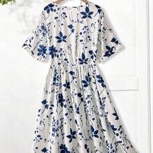 Vestido de mujer de talla grande con cuello en V y manga corta, con estampado floral, adecuado para vacaciones de verano - Azul - Ver 10