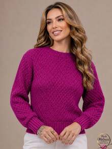 Women's Premium Textured Modal Knit Blouse With Round Neck And Long Sleeves For Winter - Green Brazil - View 5