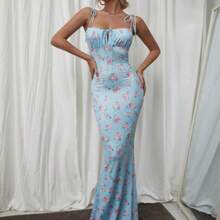 Lace Up Floral Print Maxi Dress Vacation Elegant Party Summer - Azul - Ver 1