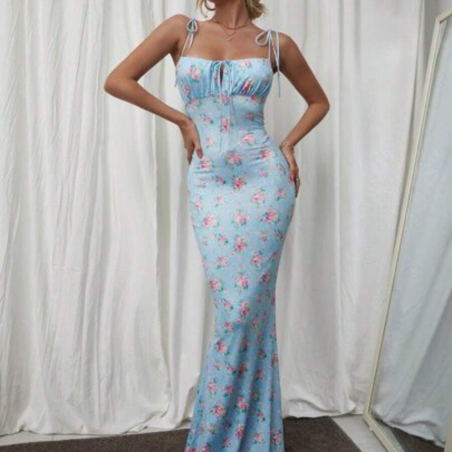 Lace Up Floral Print Maxi Dress Vacation Elegant Party Summer - Azul - Ver 1