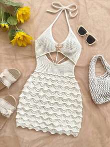 Vestido ajustado con escote en V, tirantes finos, calado y decoración de estrella de mar metálica.Ideal para vacaciones, citas, té de la tarde, festivales de música, estilo bohemio, vacaciones en la playa, verano con tirantes finos y atar en la espalda. - Blanco - Ver 9