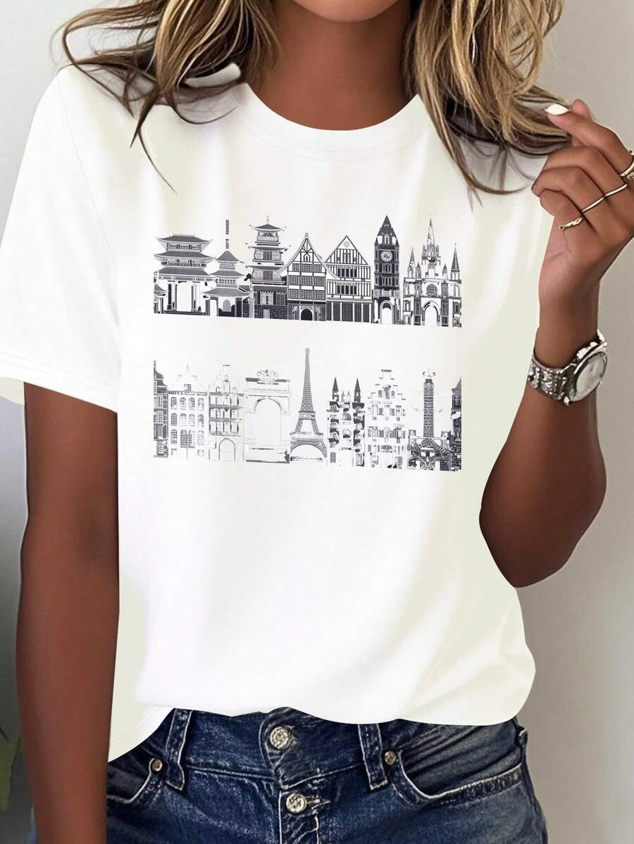 Camiseta Gráfica de Mujer París Tokio Hong Kong Sídney Bangkok Londres - Diseño con Siluetas Urbanas del Eiffel Tower, Tokyo Tower, Gran Muralla y Ópera House - Suave 100% Aodón Cuello Redondo Manica Cortara Vies e casual - uste Cómodo Todo-Tempor - Ilustración Iconográfica Edificios Globales Lava a Maquina Fit Relado I Para Capas