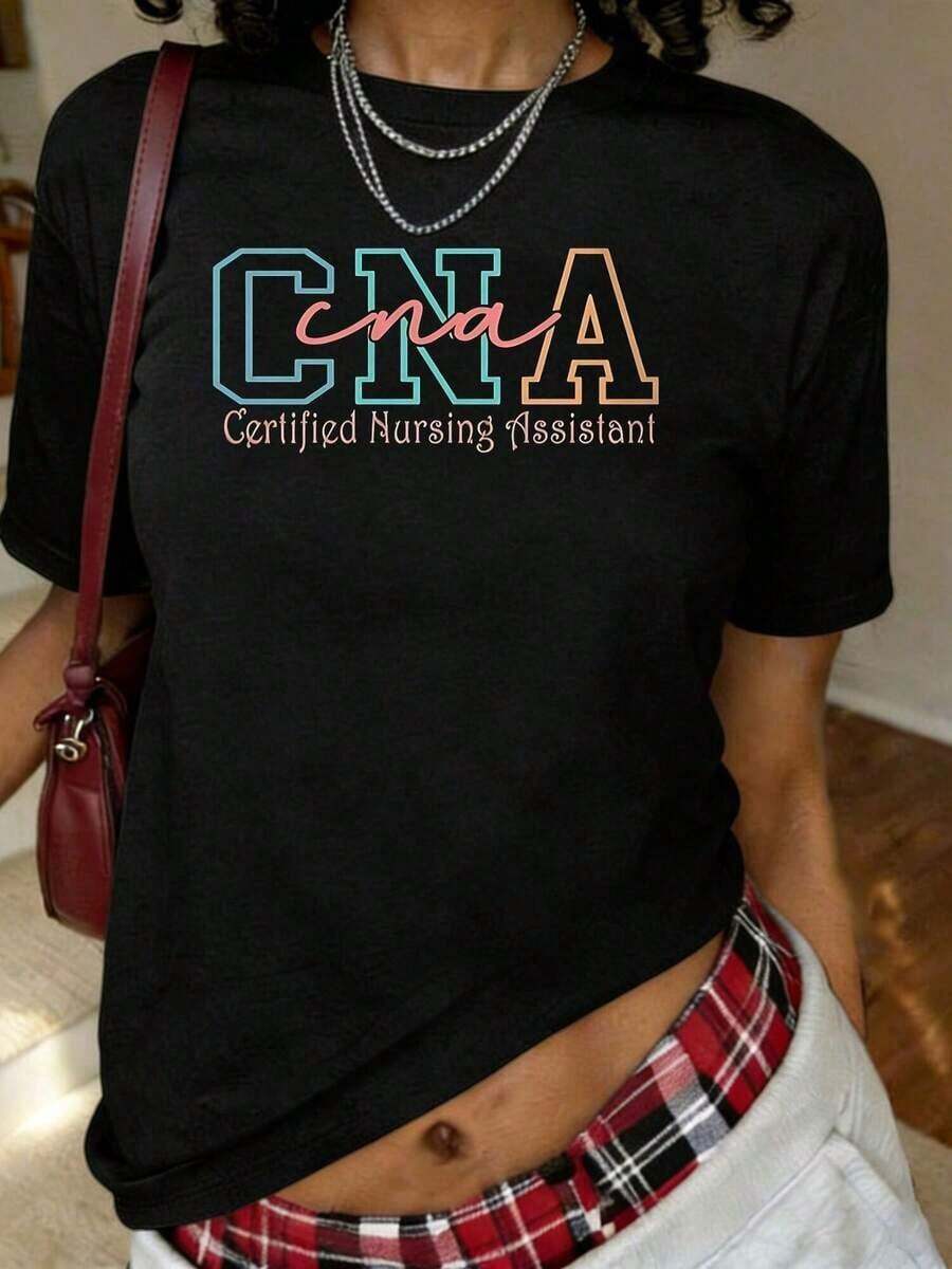 Camiseta estampada de asistente de enfermería certificada por la CNA, manga corta, cuello redondo, top casual para verano y primavera, ropa de mujer, transpirable y cómoda. - Negro - Ver 1