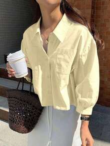 Camisa de manga larga holgada con botones delanteros y bolsillo en unicolor para mujer - Amarillo - Ver 3
