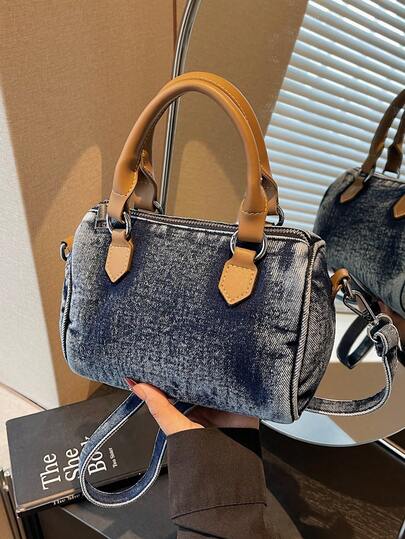 New Vintage-Style Casual Washed Jeans Handbag: Women's Fashionable Boston Bag With Double Handles-Versatile Commuter Shoulder Bag Or Crossbody Bag, Perfect For Work, Commuting, And Shopping