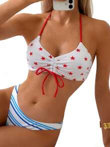 Bikini sexy de tres piezas con tirantes estampados. - Estrellas + Rayas - Ver 12