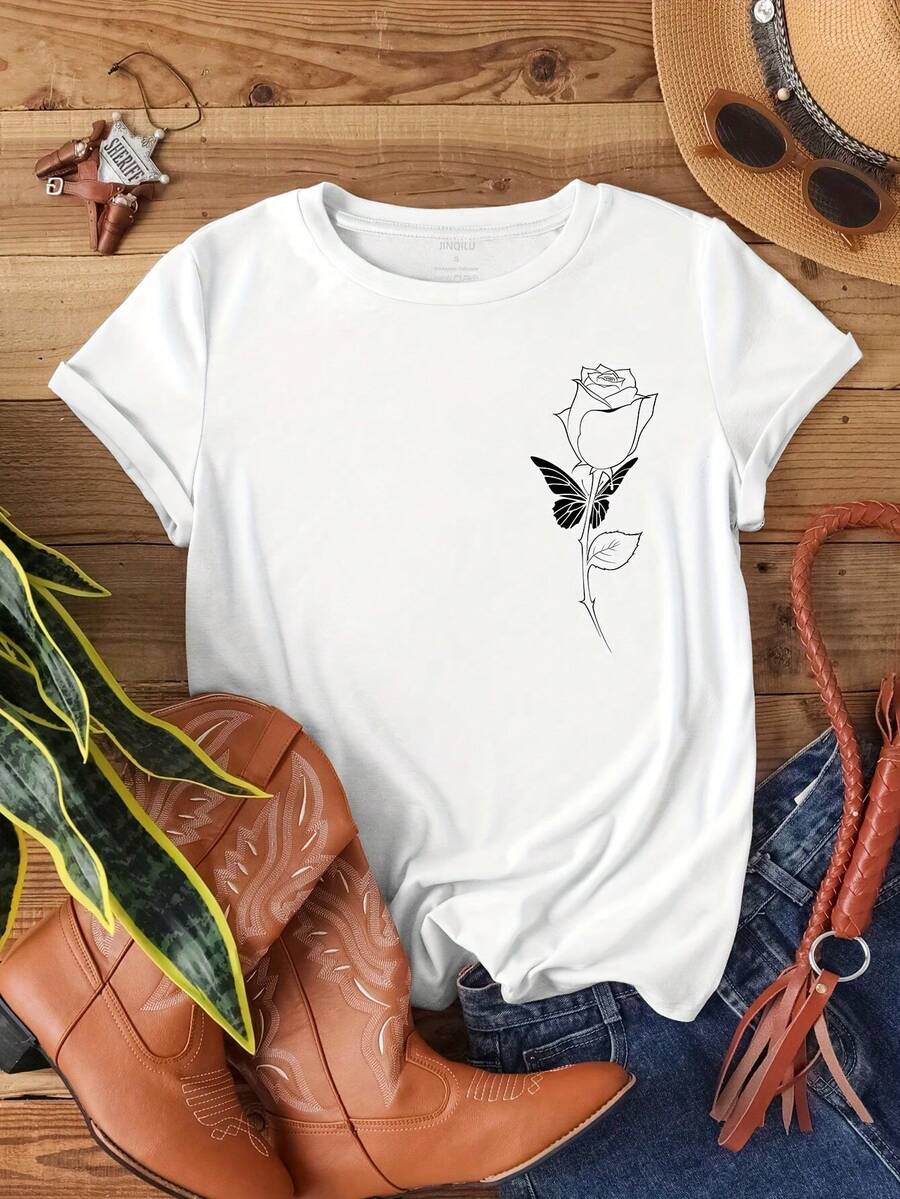Playera de Mujer con Estampado de Rosa y Mariposa Estilo Lineal Minimalista Manga Corta Cuello Redondo Casual Suave Moda - Blanco - Ver 1