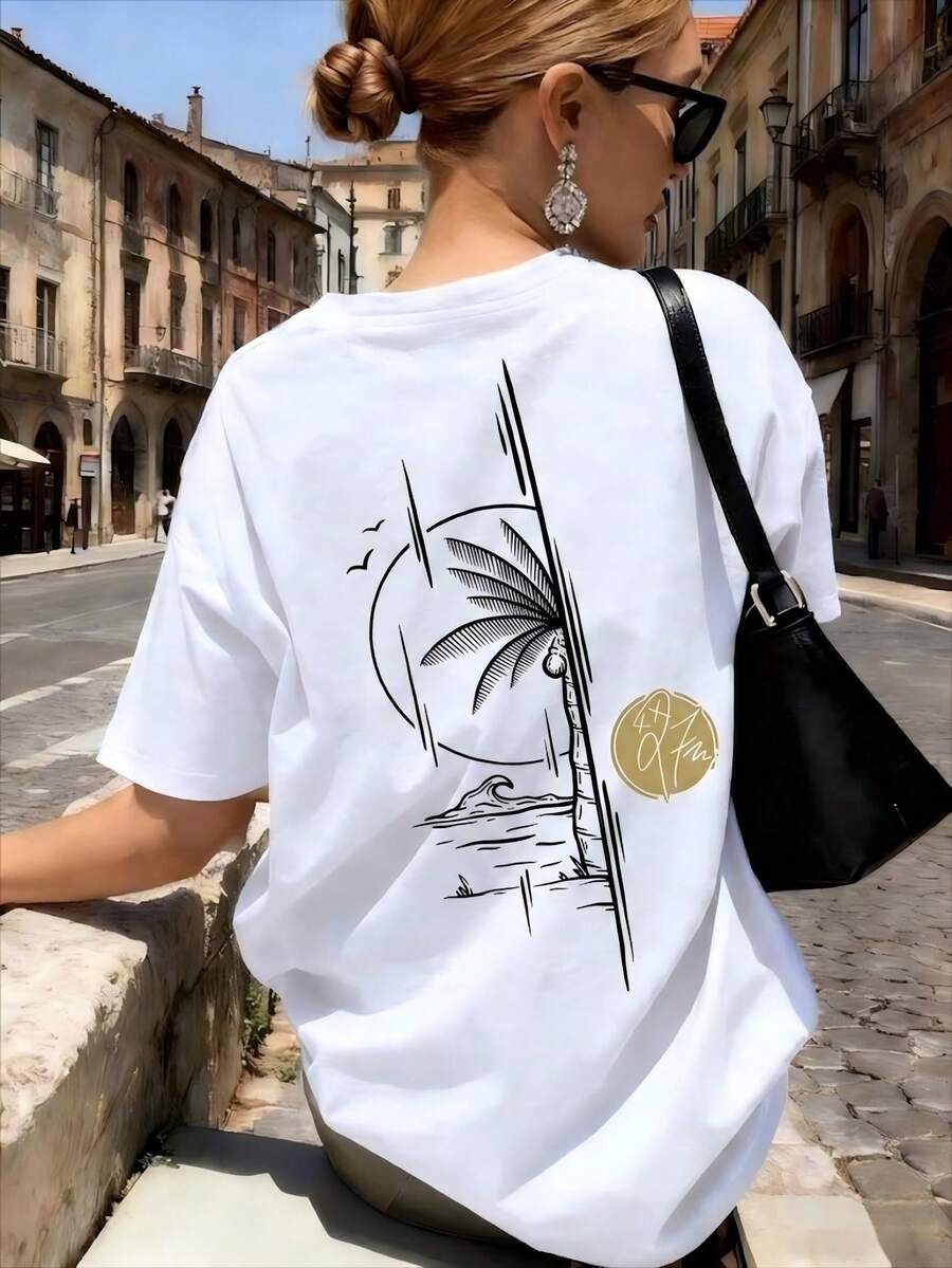 Women's Round Neck Printed Short Sleeve T-Shirt, Casual Loose Fit, Super Soft & Comfortable Fabric, Ins Street Fashion Style, Classic All-match Graphic Tee, Breathable Lightweight Daily Basic Top, Perfect for Daily Wear, Casual Vacation, Office Commute, Outdoor Going Out, Weekend Gathering, Shopping and Leisure Activities, Ladies Trendy Oversized Casual Pullover T-Shirt - Blanco - Ver 1