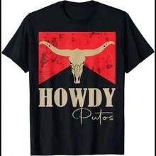 100% Algodón Camiseta Gráfica de Vaquero Occidental con Calavera de Toro Howdy Putos para Hombres y Mujeres - Negro - Ver 1