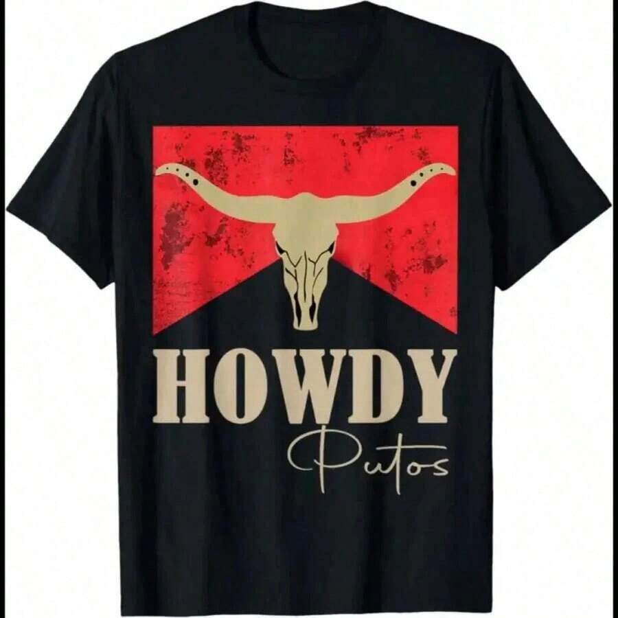 100% Algodón Camiseta Gráfica de Vaquero Occidental con Calavera de Toro Howdy Putos para Hombres y Mujeres - Negro - Ver 1