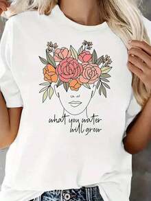 Camiseta de ocio con estampado floral a la moda, de manga corta y cuello redondo, estilo casual, adecuada para verano y primavera, ropa de mujer, cómoda y holgada. - Blanco - Ver 1