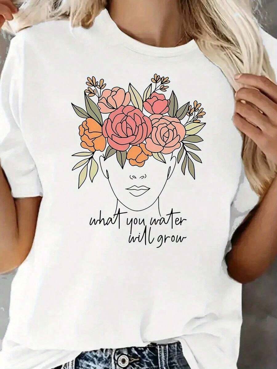 Camiseta de ocio con estampado floral a la moda, de manga corta y cuello redondo, estilo casual, adecuada para verano y primavera, ropa de mujer, cómoda y holgada. - Blanco - Ver 1