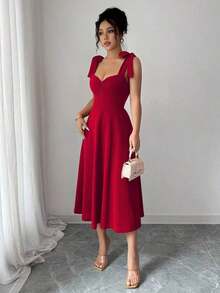 elegante y romántico para mujer con lazo decorativo en la cintura y corte evasé sin mangas - Rojo - Ver 5