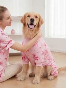 Bộ đồ ngủ mùa hè cho chó và chủ, kiểm soát rụng lông - Bộ đồ liền thân thoáng khí, co giãn cao, che phủ toàn thân, chống liếm và chống côn trùng cho chó cỡ vừa và lớn, quần áo cho chó in họa tiết toàn thân - Họa tiết nơ và quả anh đào dễ thương - Nhiều màu - Xem 7