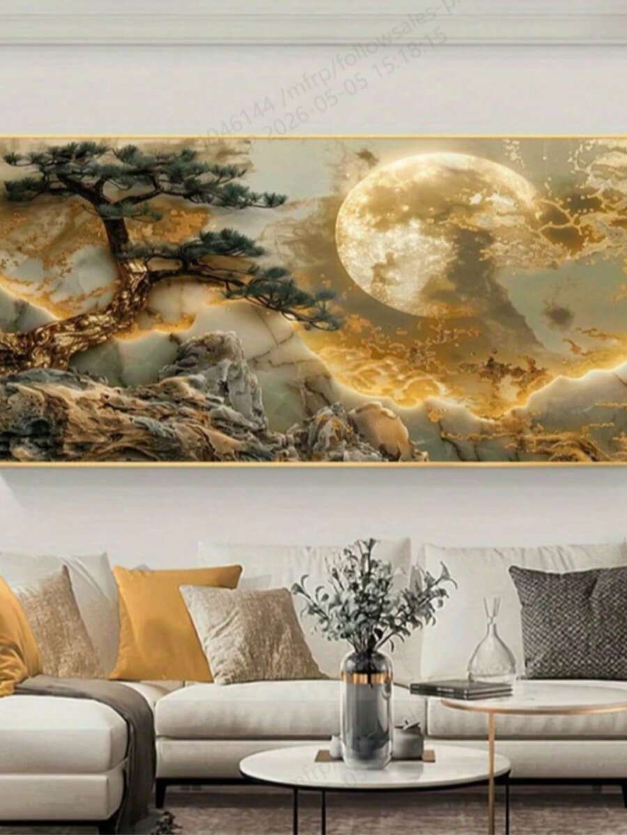 5D DIY钻石画 - 月光下的金色森林,奢华现代客厅卧室墙面装饰,逼真风景画,室内装饰,适合初学者 - 圓鑽 - 查看 1