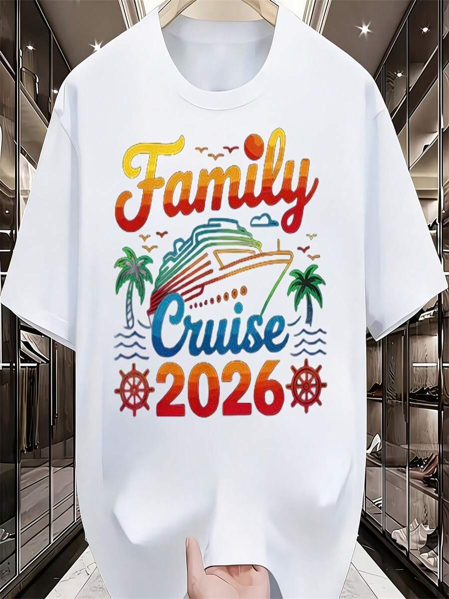 Una camiseta imprescindible para viajes de verano en 2026, con un vibrante diseño de crucero que incluye letras degradadas, palmeras y patrones de olas.