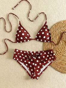 Nuevo conjunto de bikini con estampado de lunares sexy, espalda descubierta y lazo, con tirantes de espagueti para playa y piscina en vacaciones - Burdeos - Ver 2