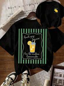 [100% Cotton] TaggedThreads Jesus Lemonade T-Shirt, But My Jesus Is Making Lemonade, Women's Graphic Tee, Casual Short Sleeve Crew Neck T-Shirt, Comfortable Summer, Autumn And Winter Styles - Unisex Everyday Wear For Women And Men For Campus - 黑色 - 查看 1