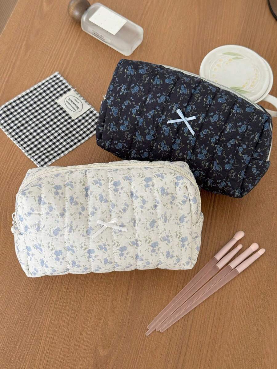 1件裝花卉蝴蝶結拉鍊化妝包,大容量可收納化妝品與小配件,便攜適合旅行、學校與日常使用,理想的節日禮物 - 彩色 - 查看 1