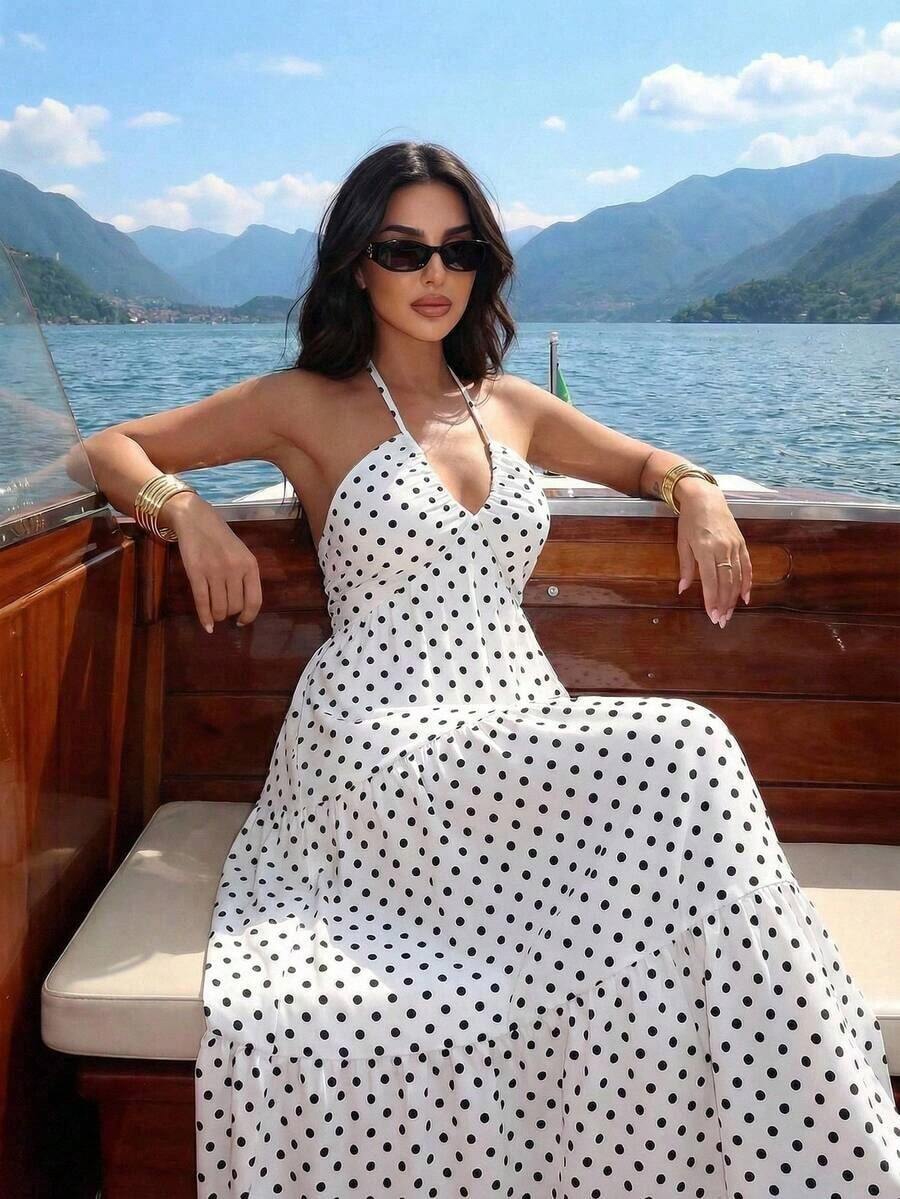 Vestido de gasa con cuello halter y espalda descubierta con nudo para mujeres, ideal para resort, boda y eventos - Blanco - Ver 1