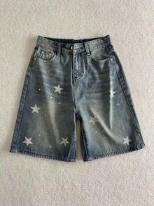 Vintage American-Style Star-Print Washed Denim Shorts, Summer Street Style Straight Loose Wide-Leg Pants - 藍色 - 查看 2