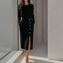 Nuevo 2026 Vestido Mujer Otoño Color Sólido Cuello Redondo Manga Larga Decoración de Botones Con Abertura - Rosa - Ver 4