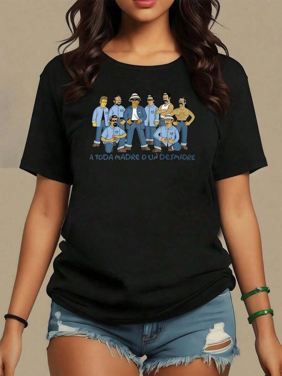 Group Of Friends With A Strong Attitude Symbolizing Unity, Freedom And Youthful Energy Captured In A Unique Illustration For A Women's T-Shirt Made Of Soft, Comfortable And Modern 100% Cotton Fabric, Maija Woman. - 黑色 - 查看 1