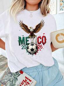 Mexico 2026 Eagle Print T-Shirt, World Cup Theme, Loose Fit, Short Sleeve, Casual Sporty Style, Women's Summer Graphic T-Shirts - 白色的 - 查看 2
