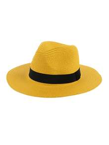 1pc Women's Wide Brim Sun Hat, Panama Hat With Black Ribbon, Fashion Straw Hat For Beach,Holiday,Travel - A - View 2