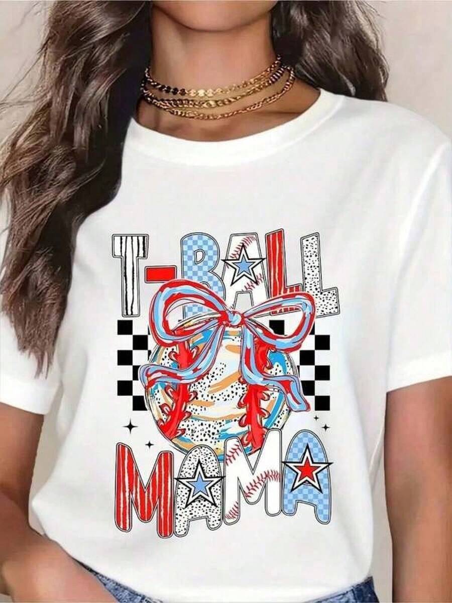 T Ball Mama Shirt Baseball Mom Tee Patriotic American Flag Design For Tball Mom Gift 2024 Summer Casual Top-Unisex Women & Men's Campus Daily WearRopa De Mujer / Ropa De Mujer De Uso Diario / Blusas, Camisas Y Camisetas De Mujer / Camisetas De Mujer Ropa Deportiva Basicos Mujer Short Playeras Para Hombre - Blanco - Ver 1