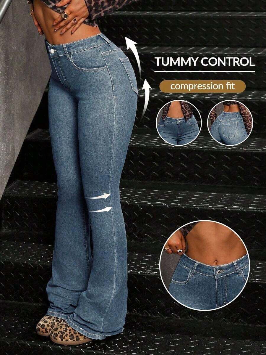 Women's Casual Pocketed Mid-Waist Skinny Flare Jeans - Azul 3 - Ver 1