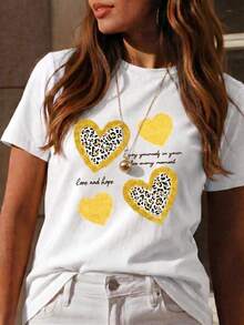 Amiam Bmian New Short-Sleeved Crew Neck T-Shirt For Women, Spring/Summer Design, Perfectly Combining Modern Lettering And A Heart Print, Breathable And Sweat-Wicking. Direct Shipping From Our Local Warehouse, Couples' Style, Ideal For Wearing Together. - 銅色 - 查看 2