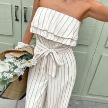 Women's Striped Ruffle Hem Bandeau Romper, Casual Vacation Style Summer Holiday Resort - Albaricoque - Ver 7