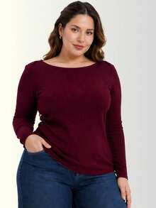 Women's Plus Size Ribbed Long Sleeve Boat Neck Blouse - Comfortable, Basic, Casual - 紅木色 - 查看 9