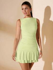 Vestido mini ajustado de mujer de color blanco liso sin mangas con volantes en la cintura y falda acampanada.Vestido de Body entero con capas para el verano, otoño e invierno - Verde lima - Ver 6