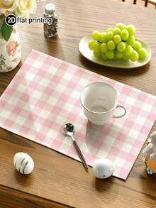 4/6pcs Bohemian Style Minimalist Plaid Print Linen Placemats, Non-Slip Square Farmhouse Style Dining Table Mats, Washable Kitchen Coasters, Coffee Table Mats, Heat Insulation Pads, Suitable For Wedding, Dining, Party And Home Decor - Baby Pink - View 2