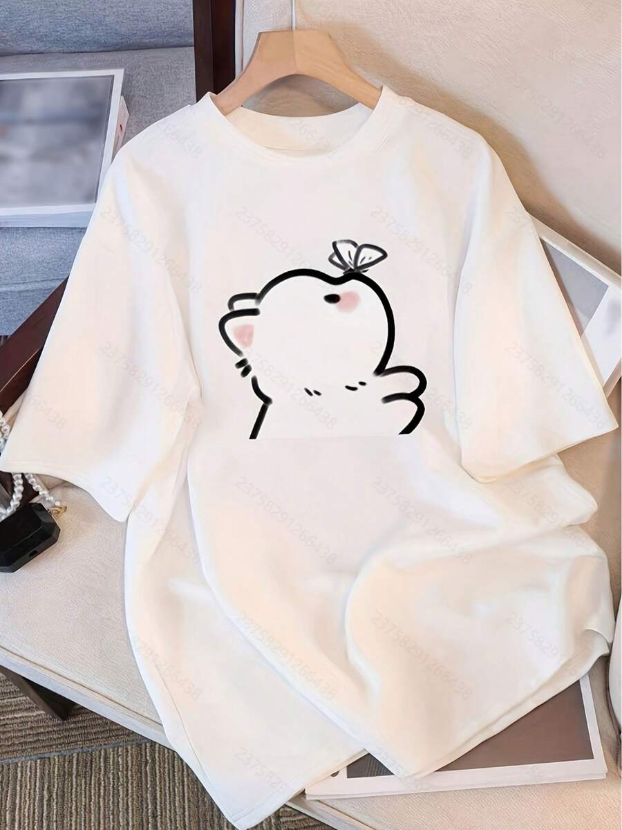 Women's T-Shirt With Cat And Butterfly Print - 100% Cotton, Casual Crew Neck, Short Sleeve, Lightweight And Breathable For Casual Outfits, All-Season T-Shirt | Fun Print Top | Comfortable Fit Y2k T-Shirt - 白色 - 查看 1