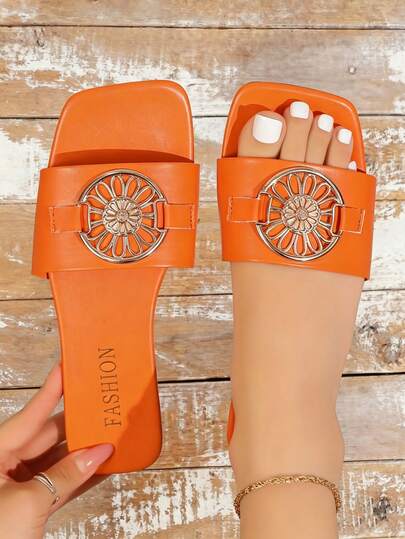 1 Pair Women's Solid Orange Summer Open Toe Floral Decor Comfortable Flat Slippers, Casual Versatile Beach & Daily Wear Sandals