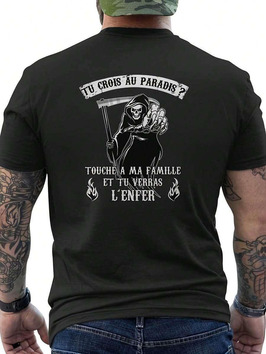 Men's Gothic Summer T-Shirt With Grim Reaper Design - Scabbard And Flames, "Don't Touch My Family" Graphic Print, Loose Fit, Casual Crew Neck, Suitable For Fans Of Dark Humor, Machine Washable, Gift Garment For Adults, Year-Round Wear For Themed Events And Everyday Style. Loose And Comfortable For Summer. - Back - View 1