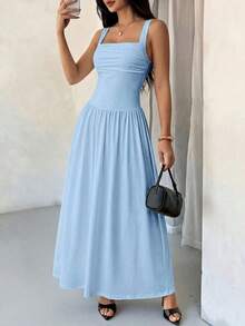 Vestido evasé de unicolor marrón café con cuello cuadrado elegante para mujer, primavera/verano - Azul - Ver 3
