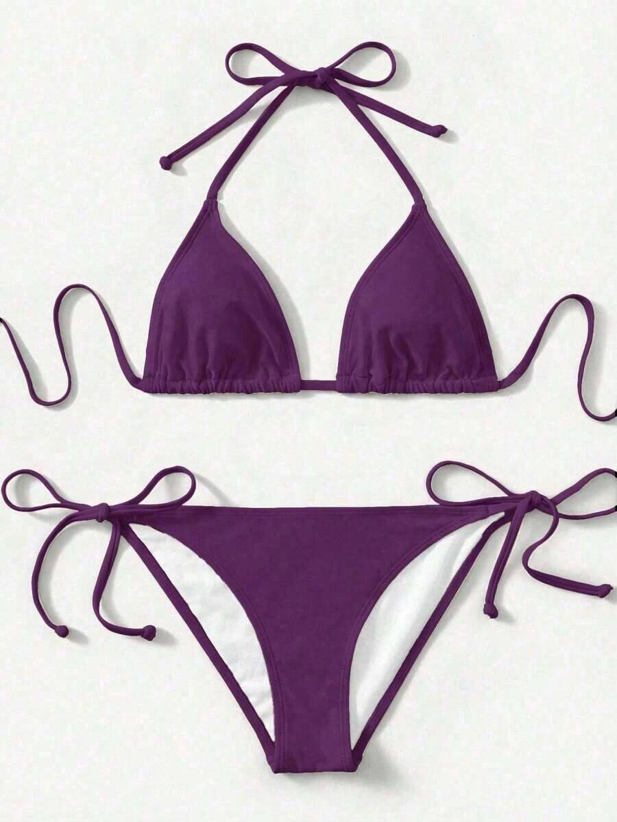Women's Simple Solid Color Swim Bikini With A Halter Neck And Cutout, Suitable For Beach Vacations And Summer. - Bordeaux - View 1
