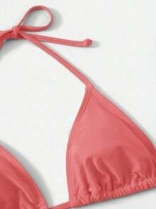 Women's Simple Solid Color Swim Bikini With A Halter Neck And Cutout, Suitable For Beach Vacations And Summer. - Old Rose - View 4