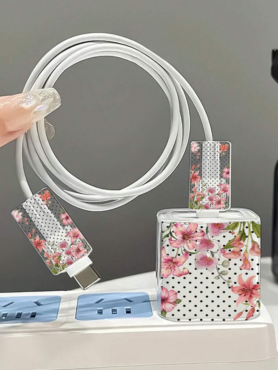 Bộ bảo vệ sạc 4 trong 1 họa tiết chấm bi hồng hình hoa ly, vẽ 2D, tương thích với bộ sạc Apple 18W/20W, bao gồm vỏ bảo vệ bộ chuyển đổi sạc, 2 đầu bảo vệ cáp dữ liệu và dây buộc cáp, chống rơi và chống trầy xước. - Nhiều màu - Xem 1