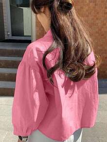 Camisa de manga larga holgada con botones delanteros y bolsillo en unicolor para mujer - Rosa Fucsia - Ver 2