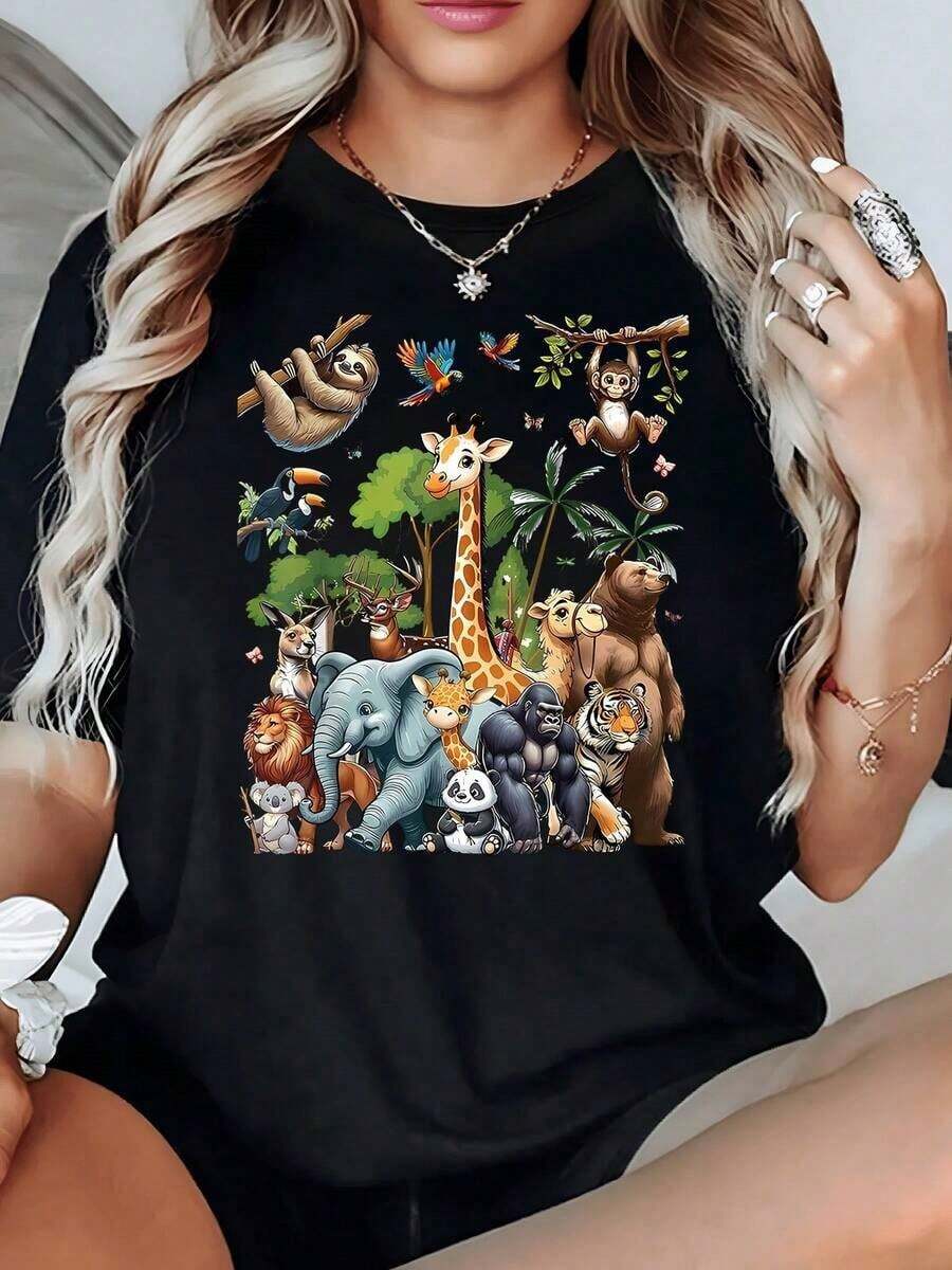 Jungle Full Of Life With Giraffe, Elephant, Tiger, Lion, Monkey And Panda Symbolizing Harmony Between Species And Love For Nature. Women's T-Shirt, 100% Cotton, 220g - 黑色 - 查看 1