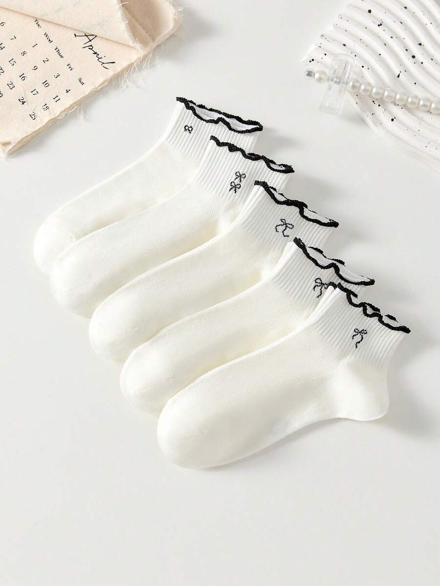 5 đôi tất nữ màu trắng kiểu Lolita xếp nếp, tất cổ ngắn họa tiết nơ, phù hợp cho mọi mùa, giao hàng ngẫu nhiên. - Nhiều màu - Xem 1